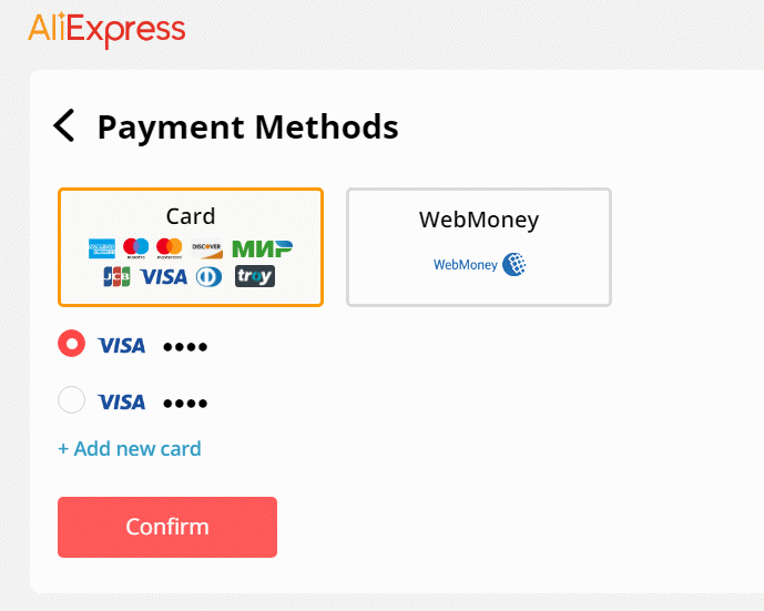 AliExpress checkout payment methods
